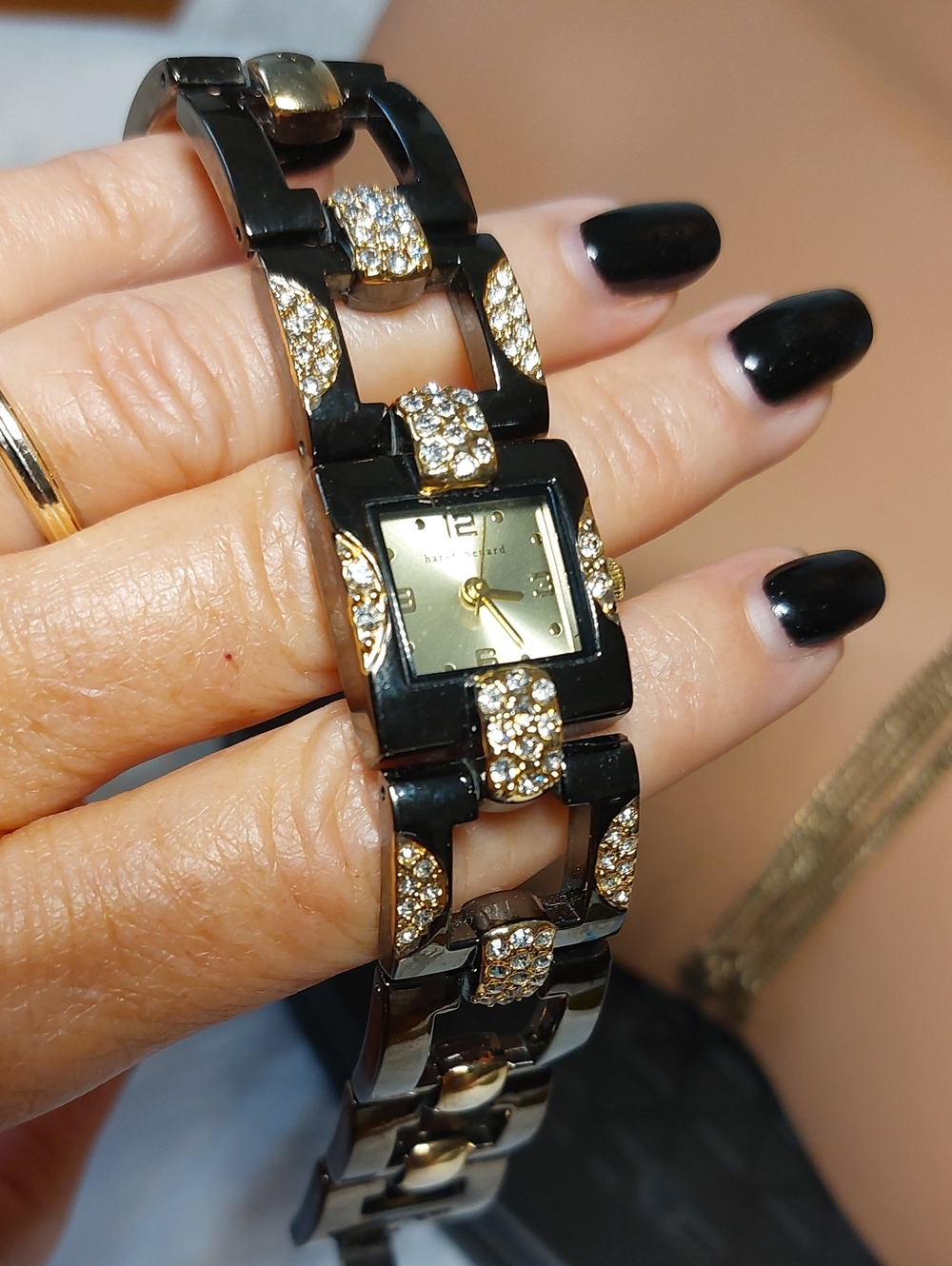 Vintage Harvé Benard Ladies Watch Black Gold Link Bracelet Pave Crystal Accents